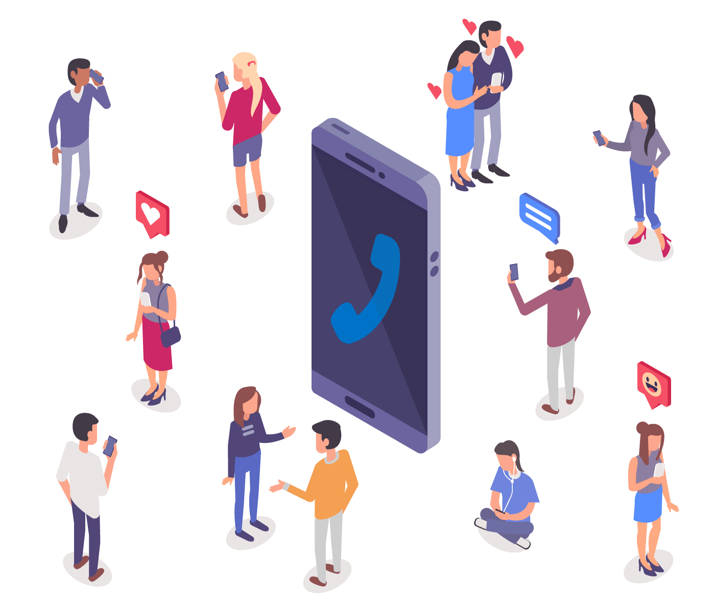 Free WiFi Calling and Texting App - Illustration of mobile phone in middle with Talkatone logo surrounded by people making calls and texting activities
